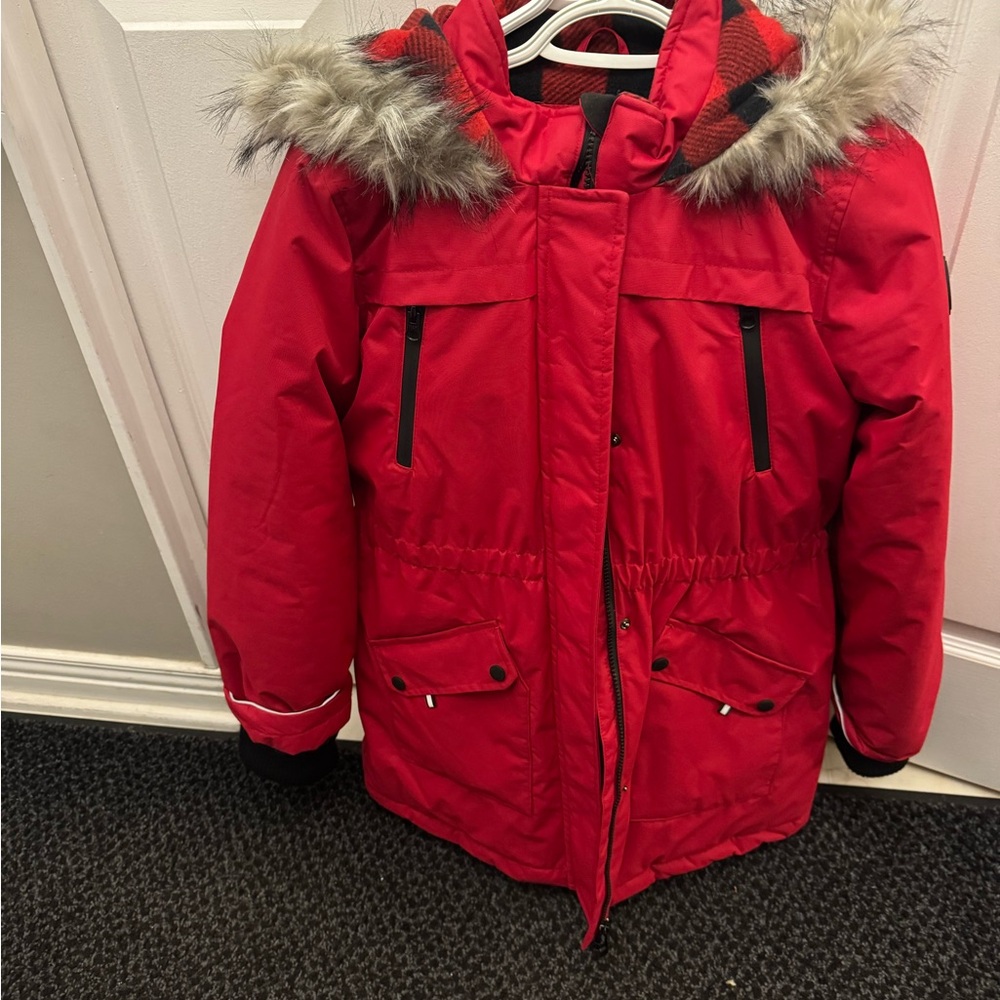 Canadiana Red Faux Fur Trim Hooded Parka Jacket
